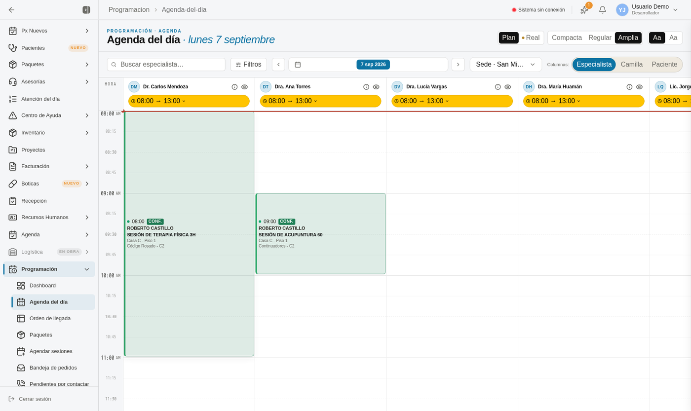 Agenda del día con una columna por especialista, su horario y las sesiones colocadas en su franja