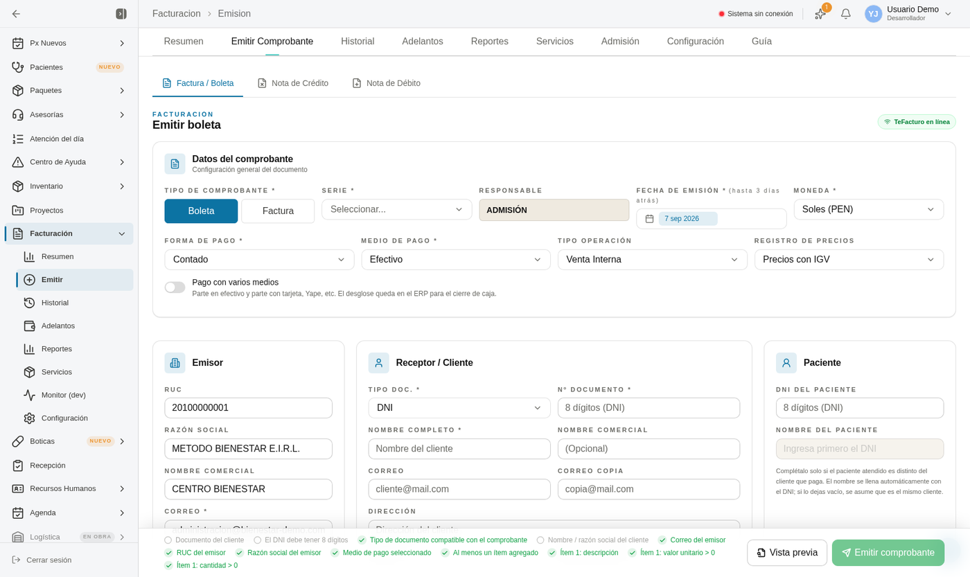 Pantalla de emisión de comprobante electrónico con validaciones